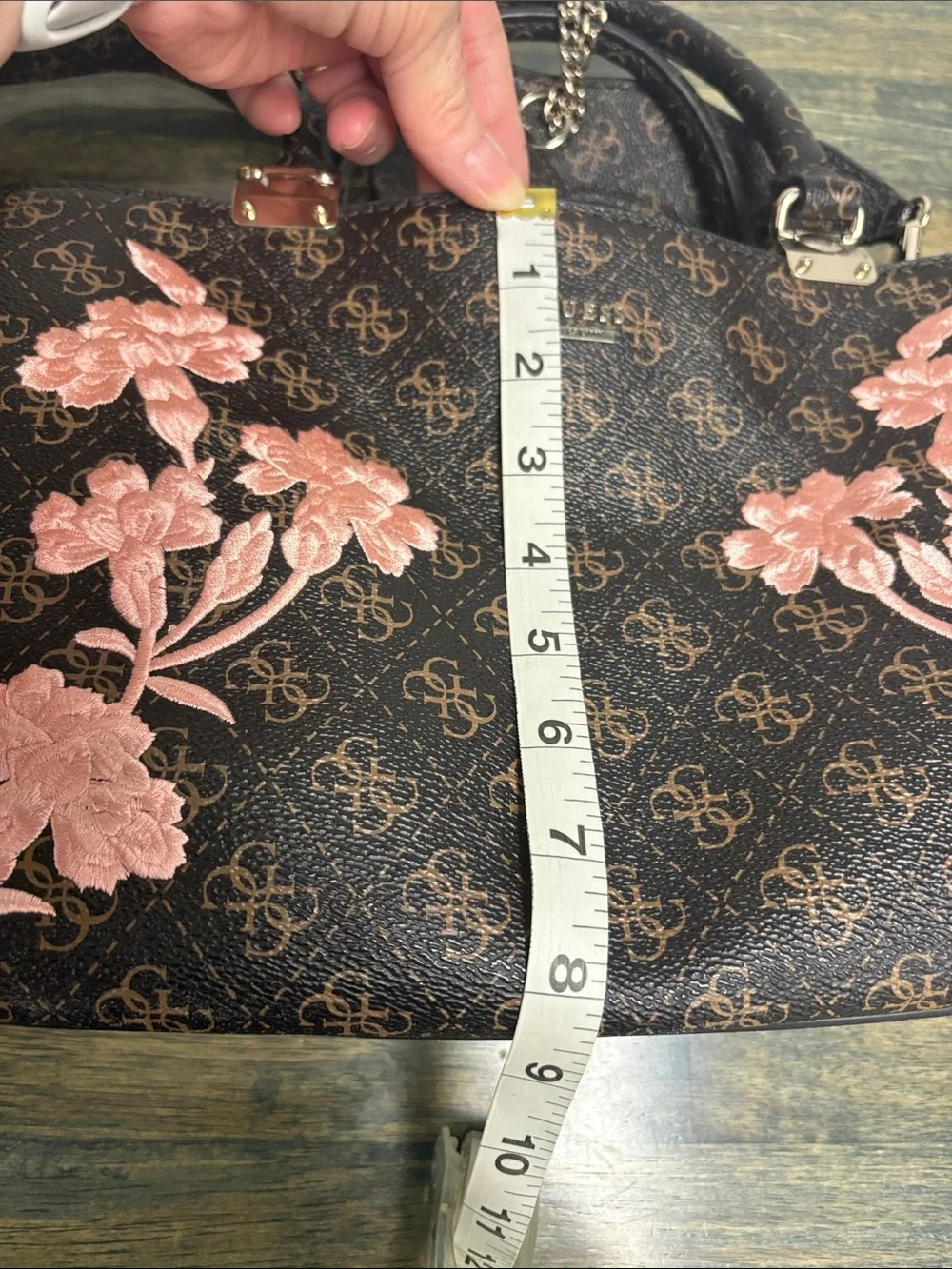 GUESS Brown Satchel with Pink Floral Embroidery